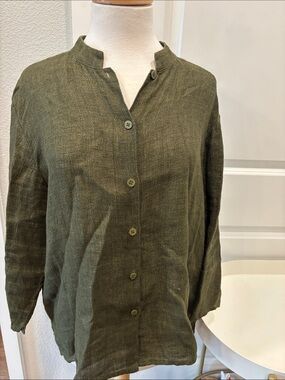 EUC Eileen Fisher Olive Button-Front Linen Tunic